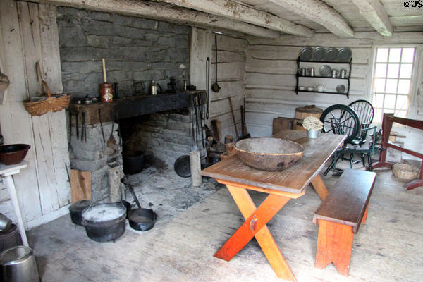 Interior of Settlers' Cabin (c1800) at Shelburne Museum. Shelburne, VT.
