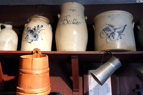 Stoneware crocks in General Store at Shelburne Museum. Shelburne, VT.