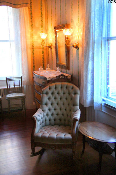 Upholstered rocking chair in bedroom at Marsh-Billings-Rockefeller Mansion. Woodstock, VT.