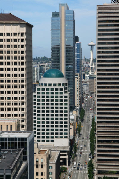 View up 2nd Ave. with Henry M. Jackson; Seattle Art Museum; domed Second & Seneca; Space Needle, & 1000 Second Ave. buildings from Smith Tower. Seattle, WA.