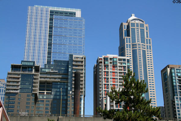 WaMu Center & Washington Mutual Tower over apartment buildings seen from Seattle waterfront. Seattle, WA.