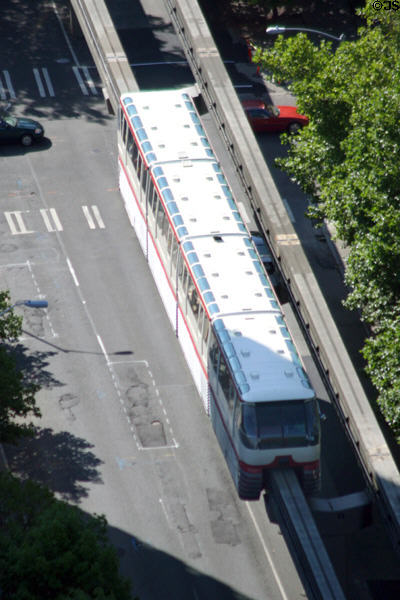 Alweg Monorail car seen from Space Needle observation deck. Seattle, WA.