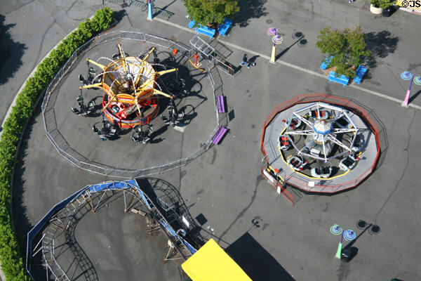 Overhead view of amusement rides at Seattle Center from Space Needle. Seattle, WA.