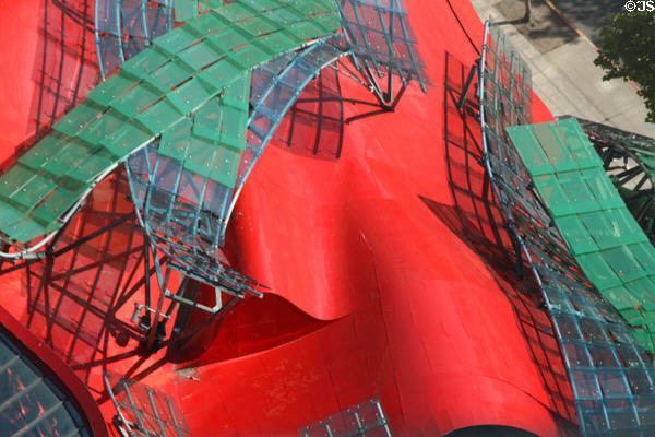 Red section of EMP|FSM with green & blue screens from above. Seattle, WA.