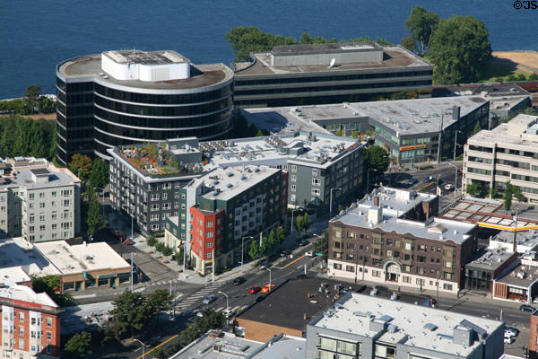 Residential area tucked between Seattle Center & Olympic Sculpture Park from Space Needle. Seattle, WA.