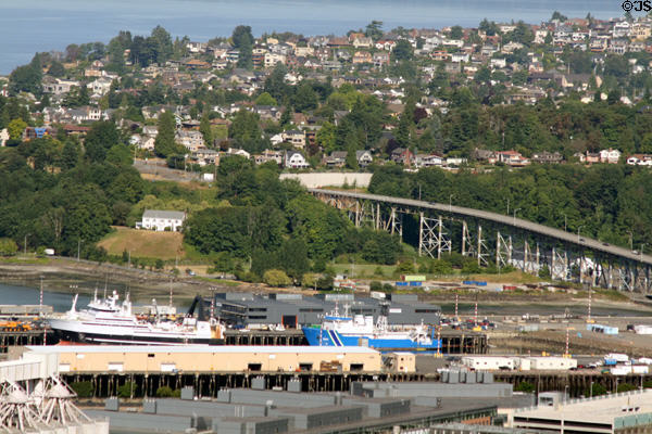 Magnolia district hillside housing northwest of Seattle Center from Space Needle. Seattle, WA.
