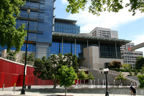 Plaza of Seattle City Hall from ground level. Seattle, WA.