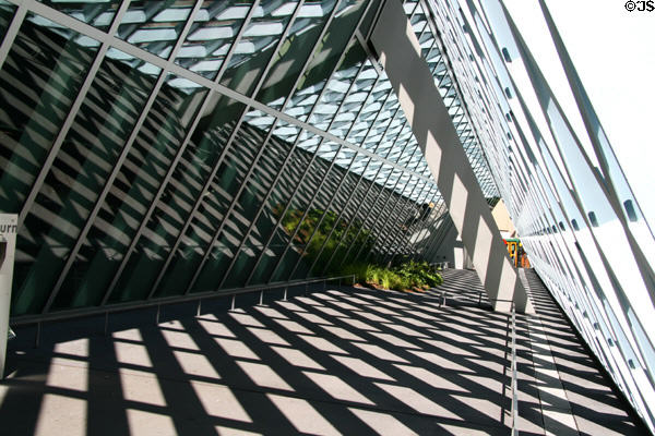 Sidewalk tunnels along front of Seattle Public Library. Seattle, WA.