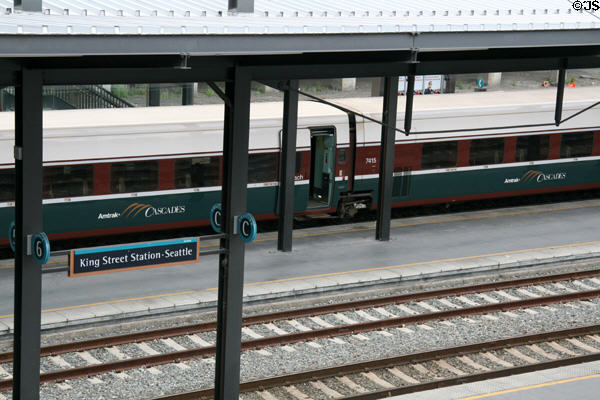 Amtrak Cascades passenger cars at Seattle's King Street Station. Seattle, WA.