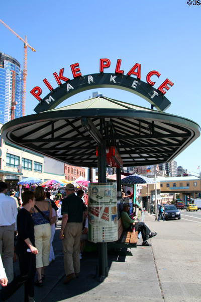 Information canopy at northern end of Pike Place Market. Seattle, WA.