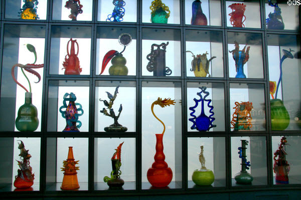 Fanciful glass sculptures (2002) by Dale Chihuly in Venetian Wall of Seaform Pavilion bridge to Museum of Glass. Tacoma, WA.