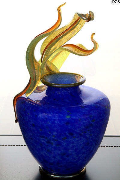 Blue glass with yellow leaves sculpture by Dale Chihuly in Venetian Wall. Tacoma, WA.