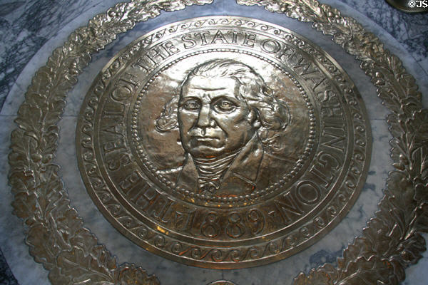 State seal in rotunda floor of Washington State Capitol. Olympia, WA.