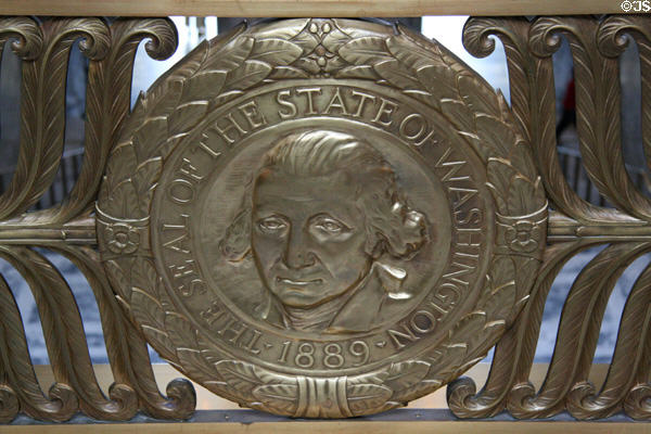 Bronze railing with portrait of George Washington at Washington State Capitol. Olympia, WA.