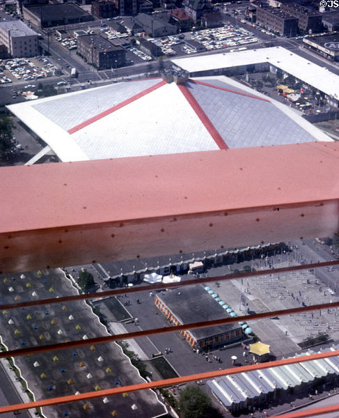 Washington State Coliseum & US state pavilions from Space Needle at Century 21 Exposition. Seattle, WA.