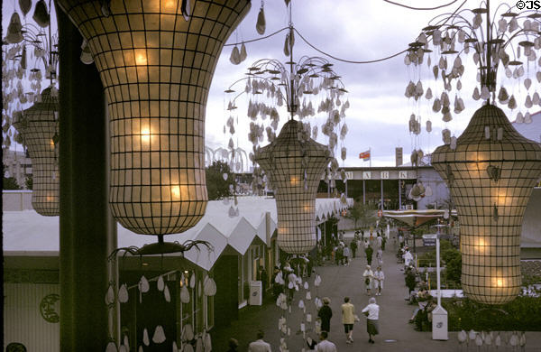 Lanterns of Philippines exhibit framing Denmark hall at Century 21 Exposition. Seattle, WA.