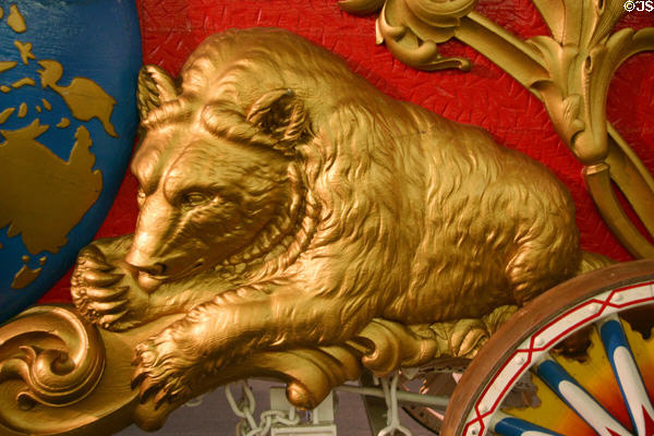 Carved bear on Eastern Hemisphere circus wagon at Circus World Museum. Baraboo, WI.