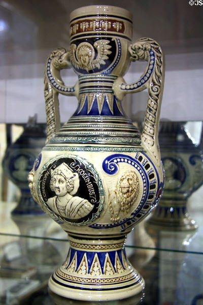 German two handled salt-glazed ewer with face of Columbus at Columbus Museum. Columbus, WI.