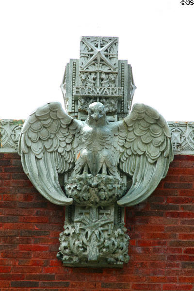 Sculpted eagle atop Farmer's & Merchant's Union Bank. Columbus, WI.