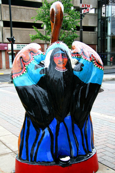 Great River Spirit Bird heron by Bill Miller with native theme. La Crosse, WI.