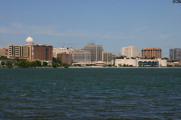 Skyline of Madison across Lake Monona. Madison, WI.