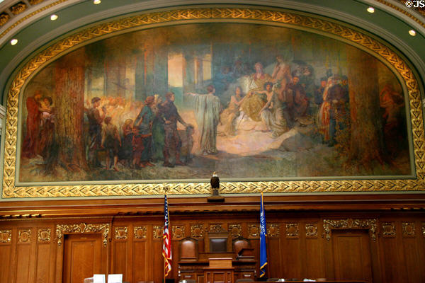 Wisconsin mural by Edwin Blashfield showing past, present & future of state in House chamber of Wisconsin State Capitol. Madison, WI.