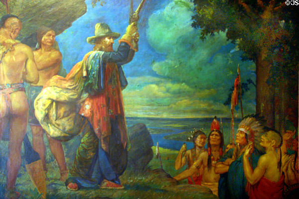 Painting of explorer Jean Nicolet landing in Green Bay in 1634 by Hugo Ballin in Governor's Reception Room in Wisconsin State Capitol. Madison, WI.