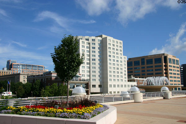 Gardens of Monona Terrace & Madison skyline. Madison, WI.