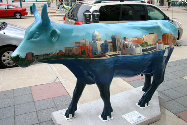 Monona skyline on Lake Moonona & Mendota by Leah Griffith Boyce in Madison CowParade. Madison, WI.