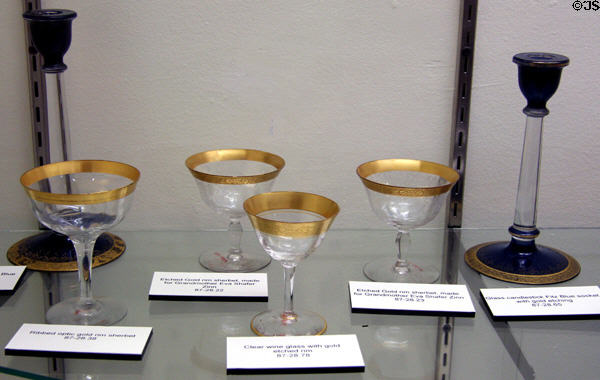 Gold rim wine glass & sherbet glasses from Morgantown Glass Works & glass candlestick Fitz Blue socket with gold etching from Morgantown Glass Works in West Virginia State Capitol. Charleston, WV.