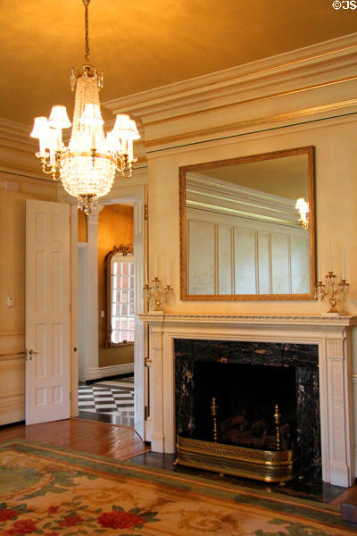 Rhododendron area rug & chandelier in dining room at West Virginia Governor's Mansion. Charleston, WV.