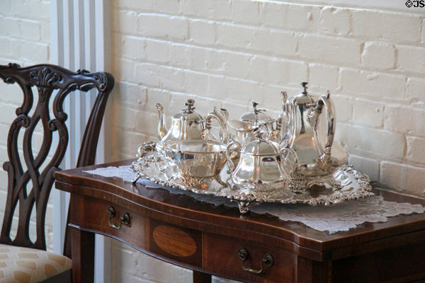 Silver coffee & tea service in family dining room at West Virginia Governor's Mansion. Charleston, WV.