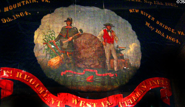 Flag (1865) commemorating battles fought by 1st WV Veteran Infantry (USA) at West Virginia State Museum. Charleston, WV.