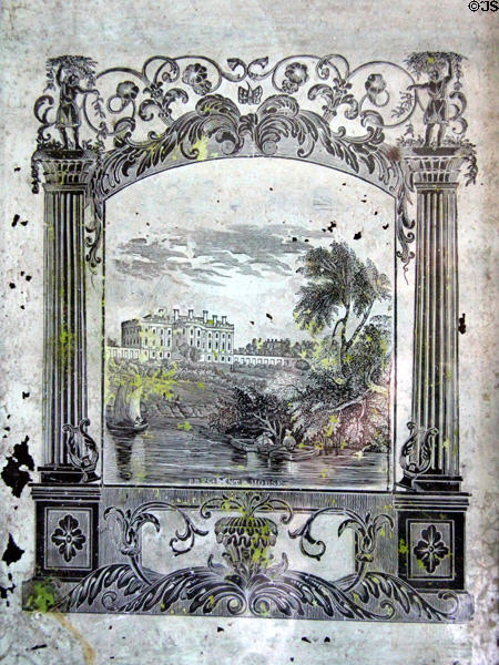 Detail of image of President's House beside Potomac River on mantel clock at Craik-Patton House. Charleston, WV.