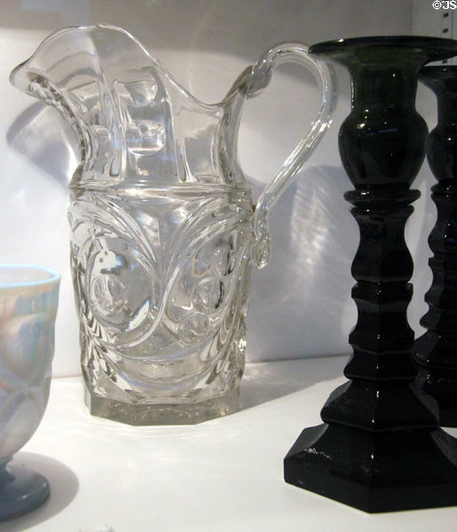 Pressed lead glass milk pitcher (c1855-65) by Boston & Sandwich Glass Co., Boston, MA in glass gallery at Huntington Museum of Art. Huntington, WV.
