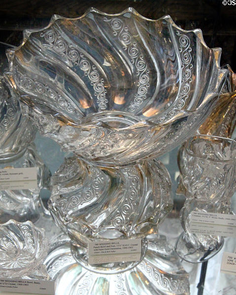 Wedding bells crystal punch bowl & foot with gold decoration (1900-3) at Fostoria Glass Museum. Moundsville, WV.