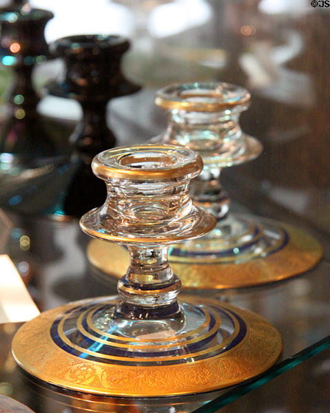 Crystal candlesticks with blue enamel & gold bands at Fostoria Glass Museum. Moundsville, WV.