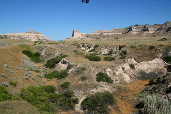 Mitchell Pass which funneled all traffic on Oregon Trail into narrow gap at Scotts Bluff National Monument. WY.
