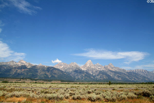 Mountains over scrub meadows of Grand Teton National Park. WY.