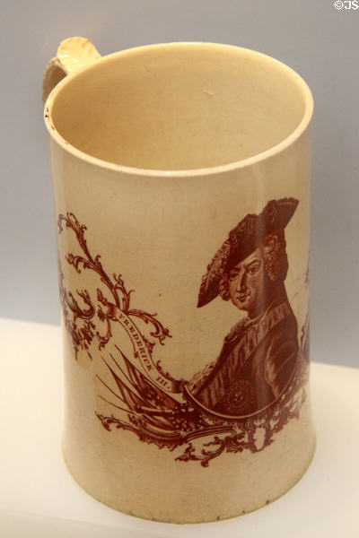 Wedgwood creamware mug (1761-6) with transfer printing exclusively by John Sadler & Guy Green of Liverpool at Lady Lever Art Gallery. Liverpool, England.