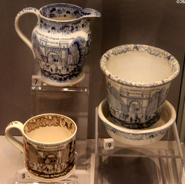 Liverpool & Manchester Railway commemorative pottery (1830) at Museum of Liverpool. Liverpool, England.