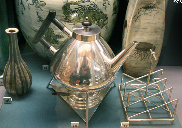 Stoneware vase (1894-1911) by Martin Brothers, London; electroplated silver kettle & stand (1878) by Christopher Dresser for Hukin & Heath of Birmingham; & electroplated silver toast rack (c1880) by Christopher Dresser for James Dixon & Sons of Sheffield at Walker Art Gallery. Liverpool, England.