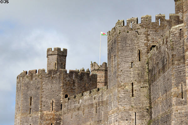 Polygonal towers & crenellations at Caernarfon Castle. Caernarfon, Wales.