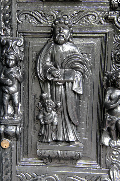 Carving of St Matthew the Evangelist, with an angel, his symbol, at Plas Newydd. Llangollen, Wales.