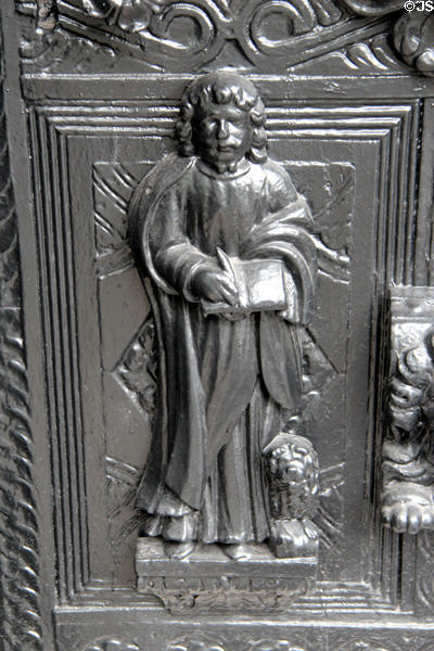 Carving of St Mark the Evangelist with a lion, his symbol, at Plas Newydd. Llangollen, Wales.