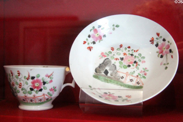 Hand painted porcelain cup & saucer with floral design at Plas Newydd. Llangollen, Wales.