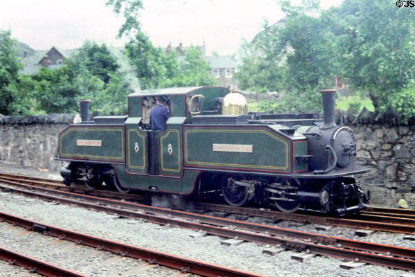 Blaenau Ffestiniog Railway steam engine preparing for its run between town of that name and Caernarfon. Blaenau Ffestiniog, Wales.