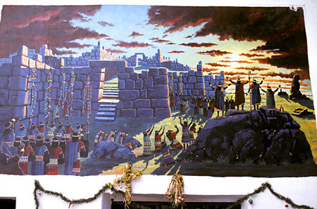 Mural of old Sacsayhuamán by Rubén Flores (Feb 1999) in Taller Hilario Mendivil Museum, Cusco. Peru.