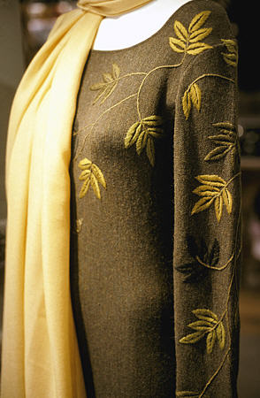 Embroidered dress in Mon Repos shop, Cusco. Peru.