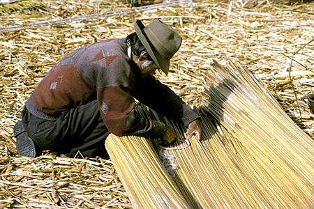 Making reed huts & mats on Uros Floating Islands, Lake Titicaca. Peru.
